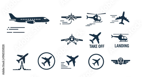 Set of Airplane and Helicopter Icons: Take Off, Landing, Speed, Travel