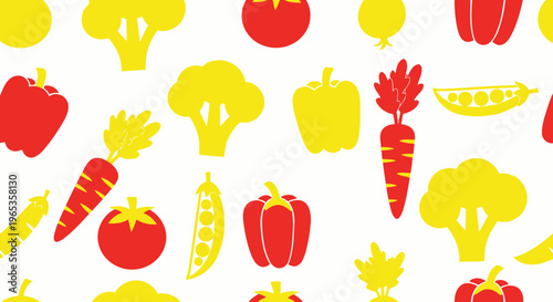 Seamless Pattern of Fresh Vegetables - Red and Yellow Flat Icons on White Background
