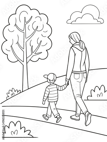 Woman and child walking on a sidewalk