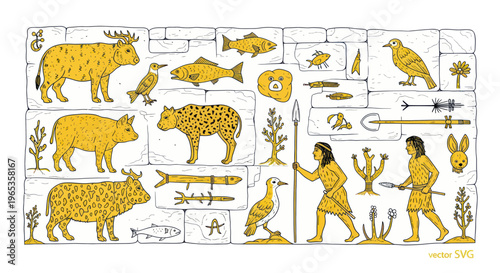 Ancient Cave Painting Style Art: Primitive Animals, People, and Symbols on Stone Wall