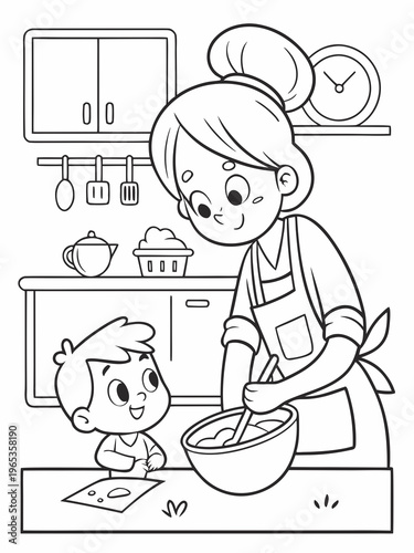 A woman and a child in a kitchen preparing food