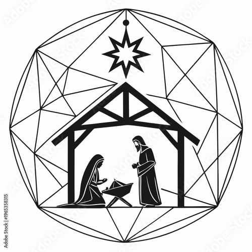 A black and white drawing of a nativity scene