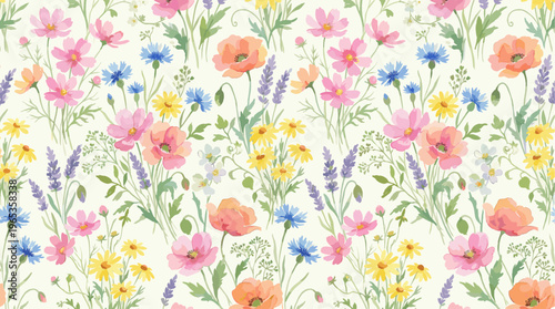 A charming watercolor pattern featuring a variety of colorful wildflowers like poppies, cosmos, and cornflowers set against a light background. This romantic design evokes a sense of nature's beauty.