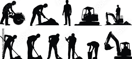 Construction workers silhouettes set with heavy machinery excavator power tools builders manual labor industrial building site repair works and engineering equipment
