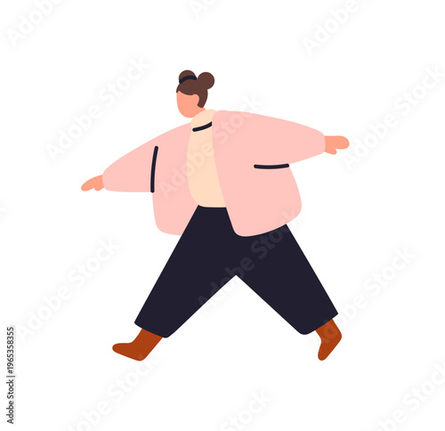 Teen girl in pink jacket is rushing. Young woman in outerwear is late and jogging. Teenager wearing cute winter clothes runs, hurries up. Flat isolated vector illustration on white background