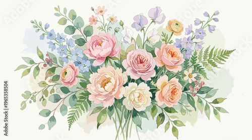 A delicate watercolor painting showcases a beautiful arrangement of soft pink roses, peonies, and blue delphiniums with lush green eucalyptus leaves against a pale background.
