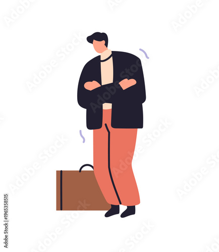 Frozen person with briefcase shivers for cold weather. Sad business man in coat is shaking for frost. Businessman in winter clothes freezes. Flat isolated vector illustration on white background