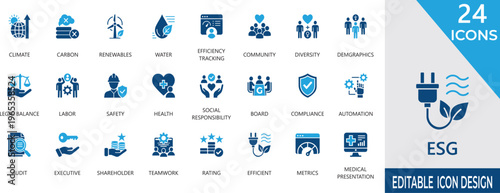 Vector icon set for environmental social and governance metrics, sustainability , reporting, diversity, community, compliance, and ethical business standards.