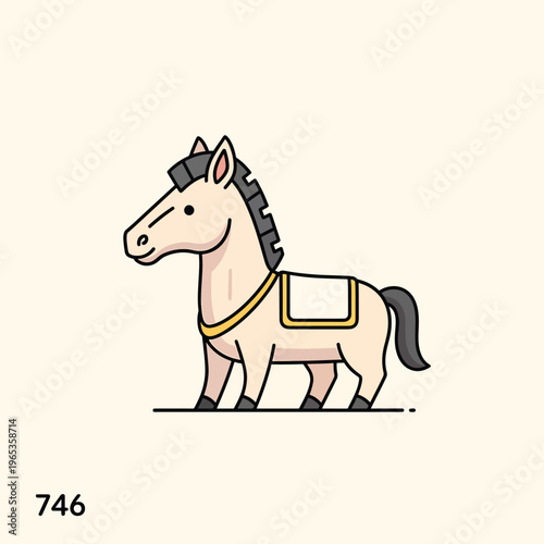 A side view of an illustrated horse wearing a saddle on a beige background. The horse is light beige with a dark gray mane, tail and hooves