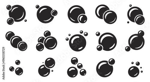 Black circular bubbles scattered in different sizes create a bold vector silhouette composition, enhancing visual contrast on a pure white background.