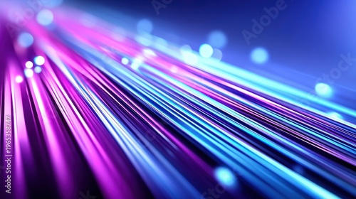 Abstract glowing lines of purple and blue light streak across a dark background