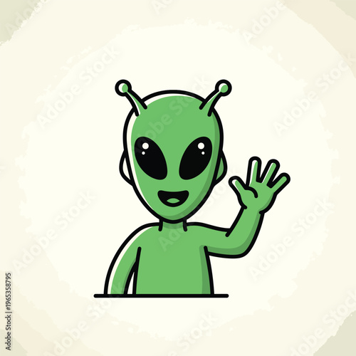 A friendly alien character with green skin, big black eyes, and antennas waves hello with one hand. It has a big smile