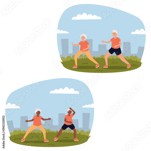 Flat vector image of a biracial couple practicing Tai Chi in a park. Tai Chi, calm, balance, African American, multiracial, park, city, seniors, relaxation, leisure, lifestyle, health