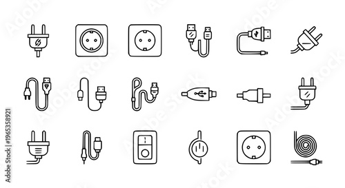 Minimal plug wire outline icon set with electrical plug, socket, and cable symbols