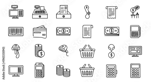 Minimal touchscreen cash register outline icon set with POS terminal, receipt, and payment symbols