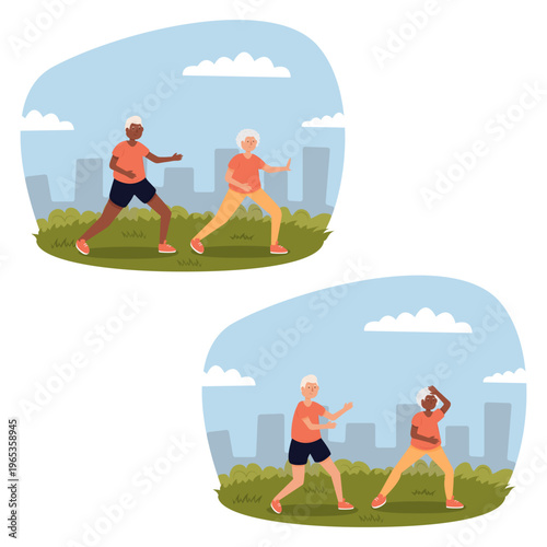 Flat vector image of a biracial couple practicing Tai Chi in a park. Tai Chi, calm, balance, African American, multiracial, park, city, seniors, relaxation, leisure, lifestyle, health