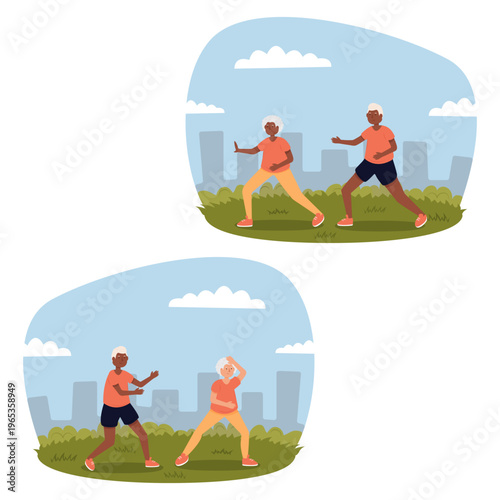 Flat vector image of a biracial couple practicing Tai Chi in a park. Tai Chi, calm, balance, African American, multiracial, park, city, seniors, relaxation, leisure, lifestyle, health