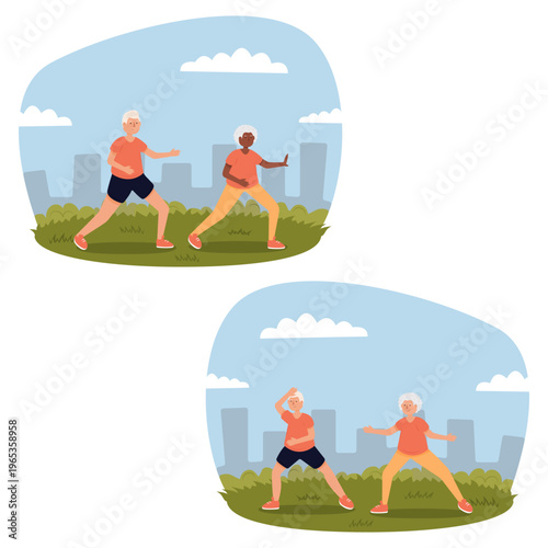 Flat vector image of a biracial couple practicing Tai Chi in a park. Tai Chi, calm, balance, African American, multiracial, park, city, seniors, relaxation, leisure, lifestyle, health