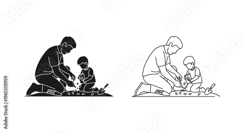 Father and child building blocks together family Vector
