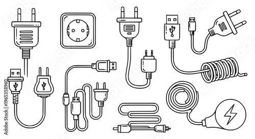 Detailed plug wire outline icon set with electrical cables, sockets, and adapter illustrations