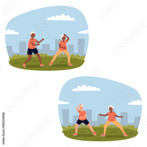Flat vector image of a biracial couple practicing Tai Chi in a park. Tai Chi, calm, balance, African American, multiracial, park, city, seniors, relaxation, leisure, lifestyle, health