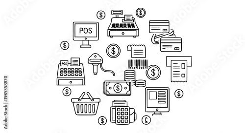 Modern touchscreen POS and cash register outline icons collection with retail and payment symbols
