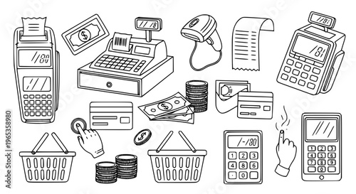 Detailed touchscreen cash register outline icon set with POS, receipt, and payment illustrations