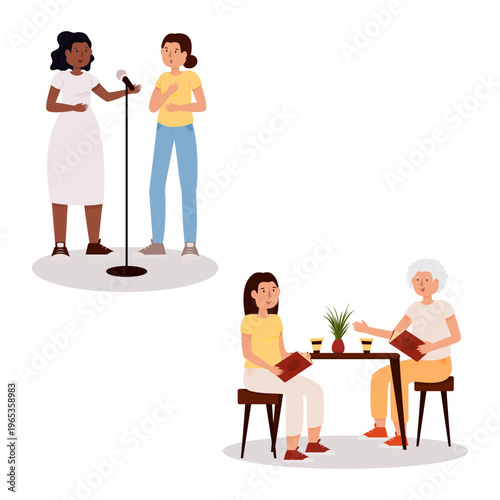 Vector illustration of people from different cultures, ages, and intercultural friendship. Friendship, woman, man, hobby, club, together