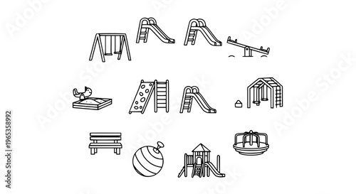 Modern kid playground outline icons collection with slides, swings, and outdoor activity symbols
