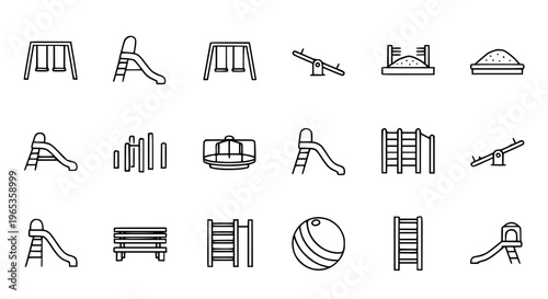 Minimal kid playground outline icon set with swings, slides, and outdoor play symbols