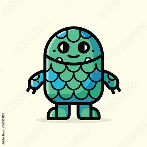 A cute, geometric illustration of a friendly cartoon monster with textured scales. It has round eyes, small arms, and stubby legs, all on a cream background