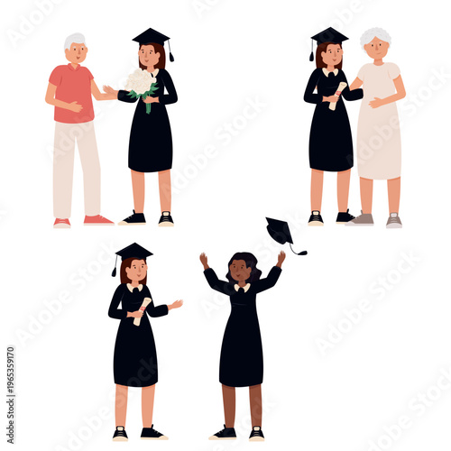 Hugs, graduation, and receiving a diploma. College, student, and graduation ceremony, event, and receiving a degree