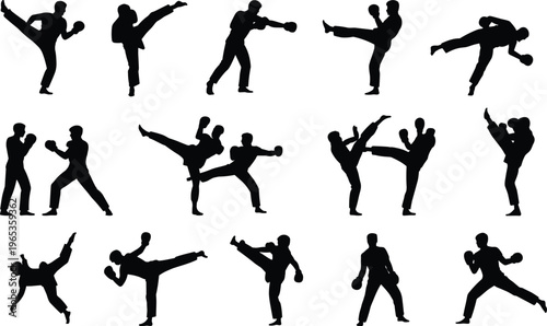 Martial arts silhouettes set with fighters performing karate kicks boxing punches and combat stances for sport fitness and self defense design
