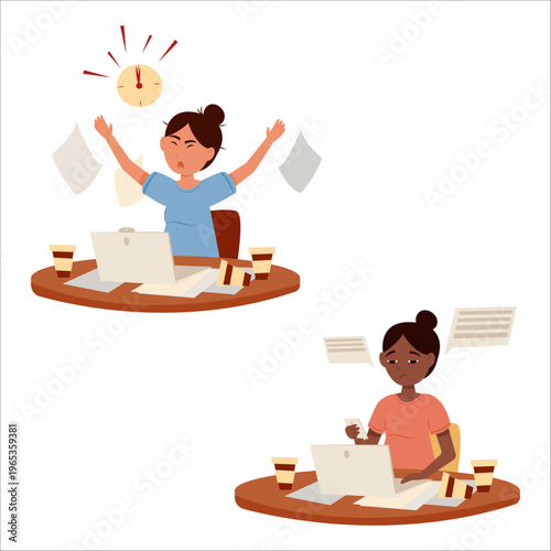 Vector illustration of an office worker in various emotional states. Joy, stress, multiculturalism, burnout