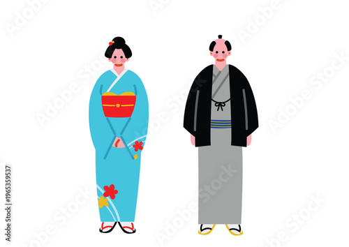 日本の伝統的な着物を着た男女のイラスト