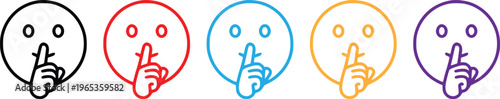 Colorful Silence Emoji Face Icons Set, Quiet Sign Gesture with Finger on Lips, Minimal Line Art Vector Illustration