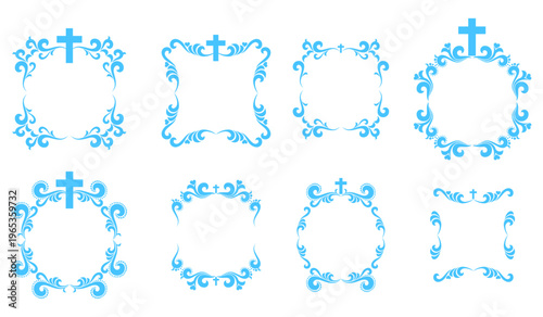 Easter celebration badge set with cross. Cross icons set. Obituary notice - art deco frames with cross. Collection of Christian Symbol design elements isolated on White background. Vector illustration