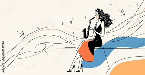 Abstract Jazz Musician Playing Saxophone With Flowing Sound Waves Vector Illustration