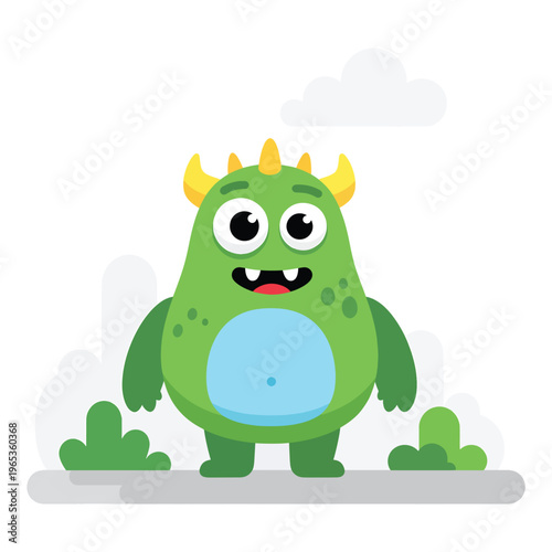A cute, green creature with large eyes, horns, and a blue belly stands upright. It has small arms, feet, and a red smiling mouth. Fluffy white clouds float nearby