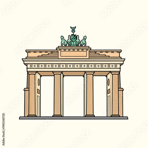 A simplified, cartoon illustration of a monumental architectural structure with three archways supported by columns. The structure is adorned with a decorative element