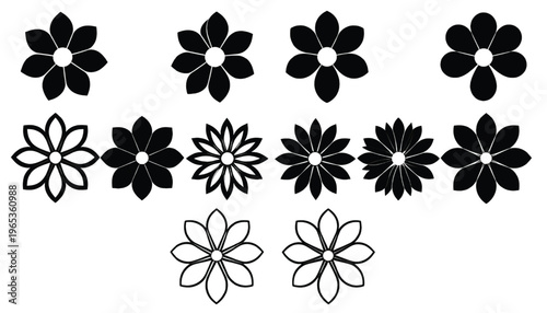 Collection of stylized floral patterns with varying petal shapes and arrangements