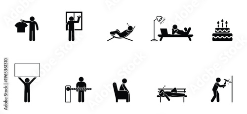 Vector stick figures set in different poses relaxing at home sitting and lying, plus doing household chores. Minimalist silhouettes for daily routine, domestic life, cozy lifestyle concepts, home.