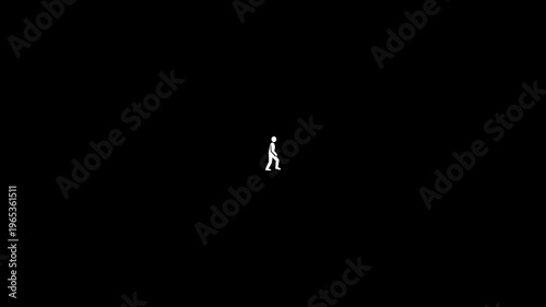 A solitary white silhouette of a person walking in the center of a vast, empty black void.
