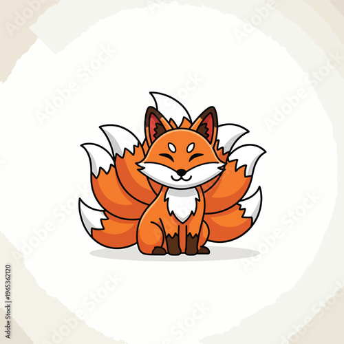 A kawaii fox illustration with orange fur, white-tipped tails, and a smiling face. It is surrounded by a beige brushstroke effect on a white backdrop