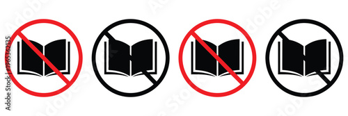 No, books icon with ban symbol representing prohibited reading, literature restriction, and censorship warning, clean modern flat vector design