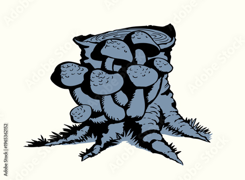 Vector drawing. Honey mushrooms on a stump