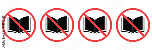 No, books allowed sign featuring prohibition symbol, banned literature and restricted reading concept, modern flat vector illustration for public signage, apps, websites, and digital design