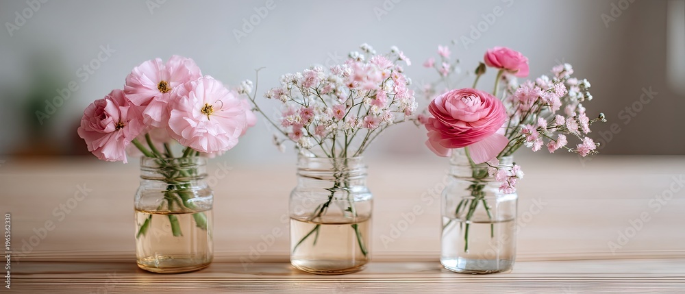 Obraz premium Ranunculus and babys breath vases on light wooden table against white wall in minimalistic style with natural light