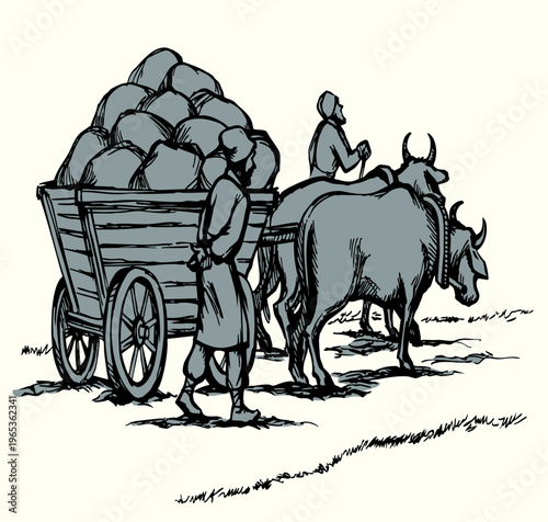 Vector drawing. Ancient cart with cows