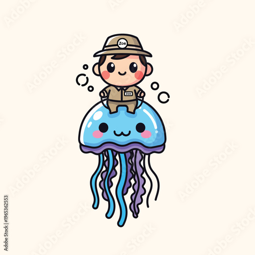 A kawaii illustration depicts a smiling cartoon character with rosy cheeks atop a blue jellyfish. The character wears a safari hat